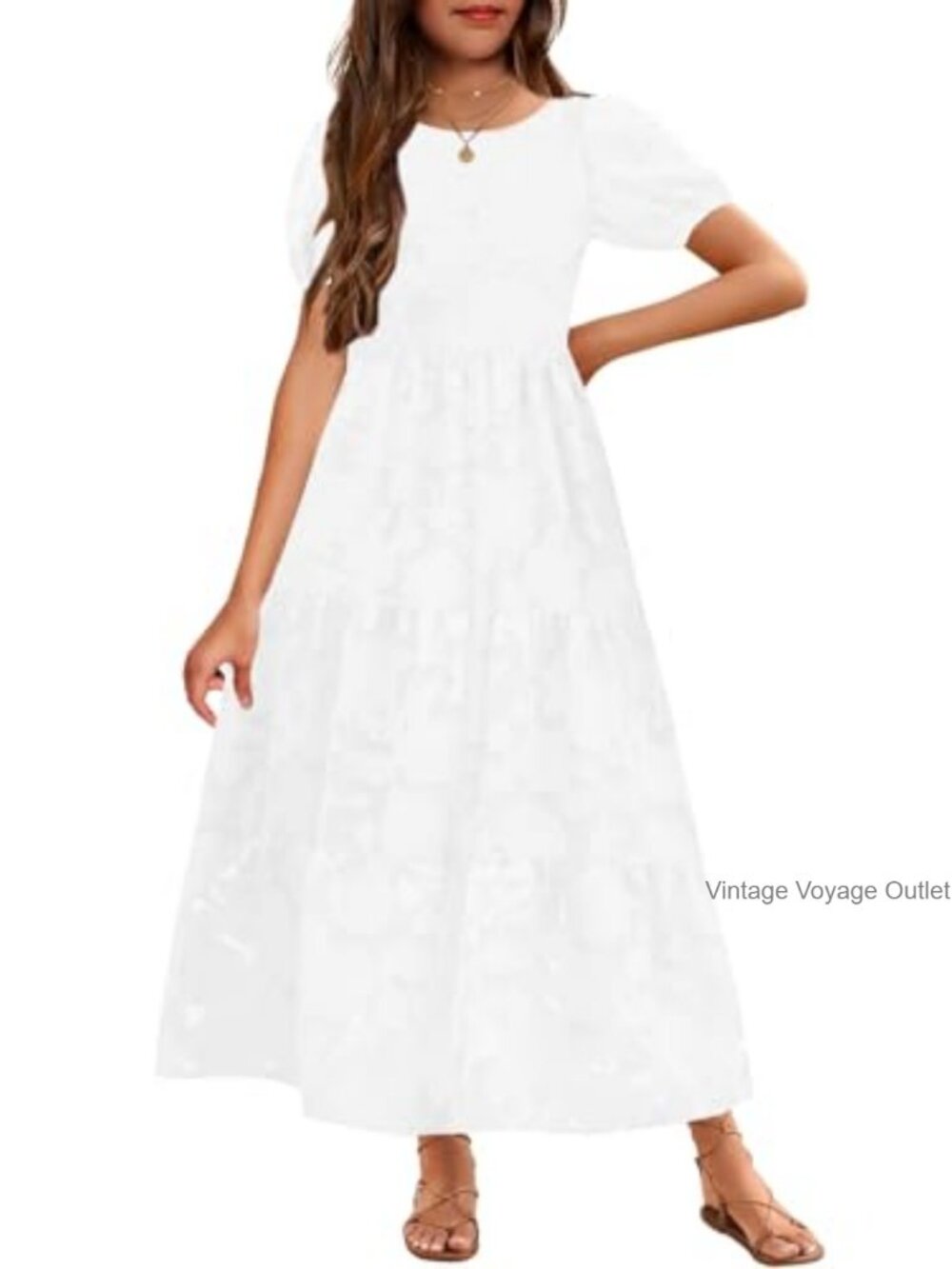 Summer Maxi Formal Dress with Puff Sleeves & Floral Texture Girl